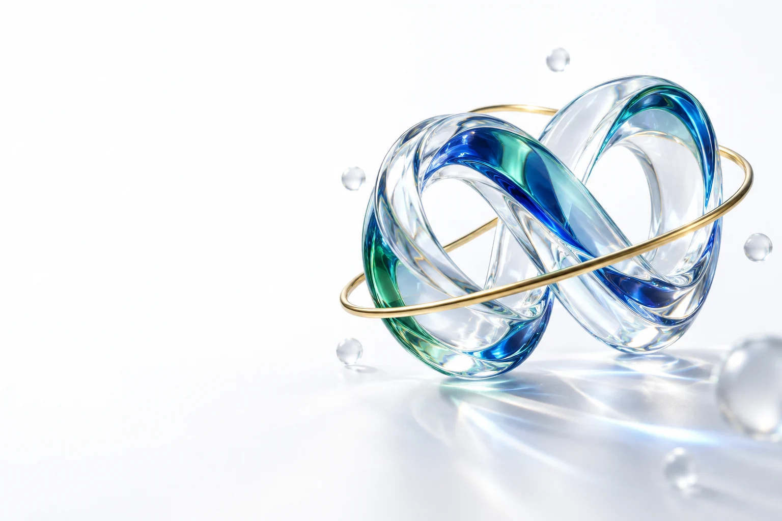 A translucent sculpture shaped like an infinity symbol reflects on a surface, representing the constant evolution of ai.