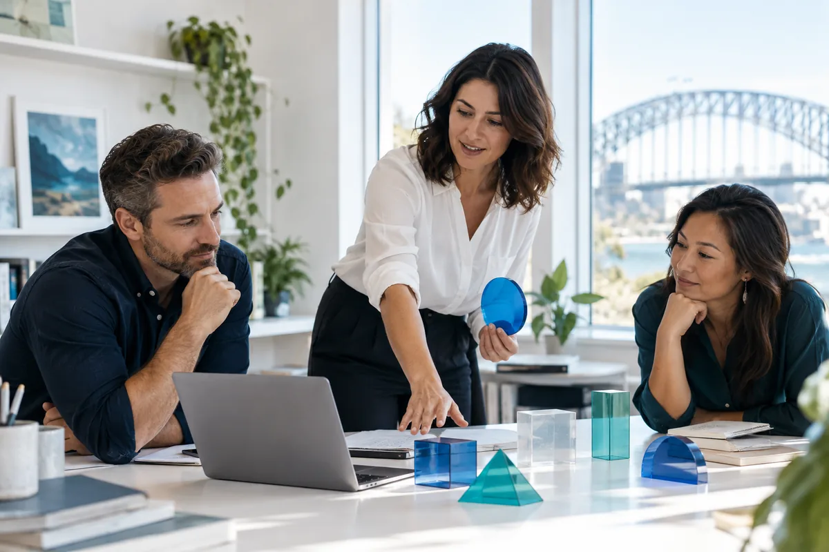 Three professionals collaborate on a laptop during an ai training workshop, with Sydney Harbour Bridge in the background.