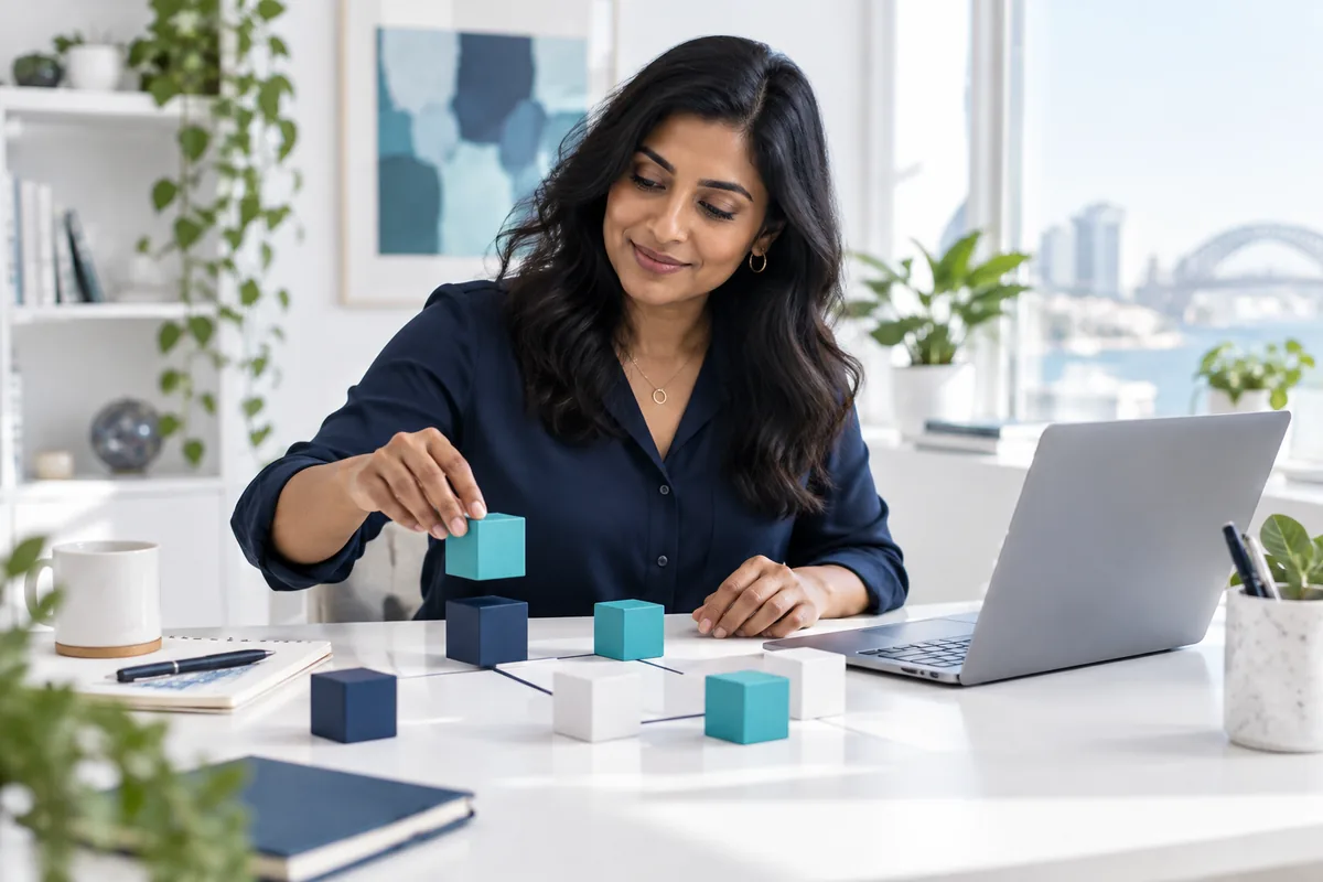 A businesswoman arranges colorful blocks on a white desk with a laptop, demonstrating ai training concepts.