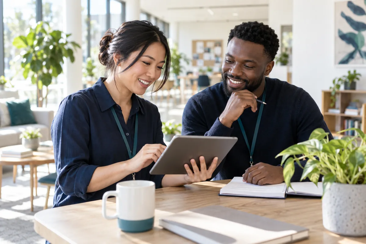 Two colleagues collaborate on a tablet, demonstrating ai tools for care and community services.