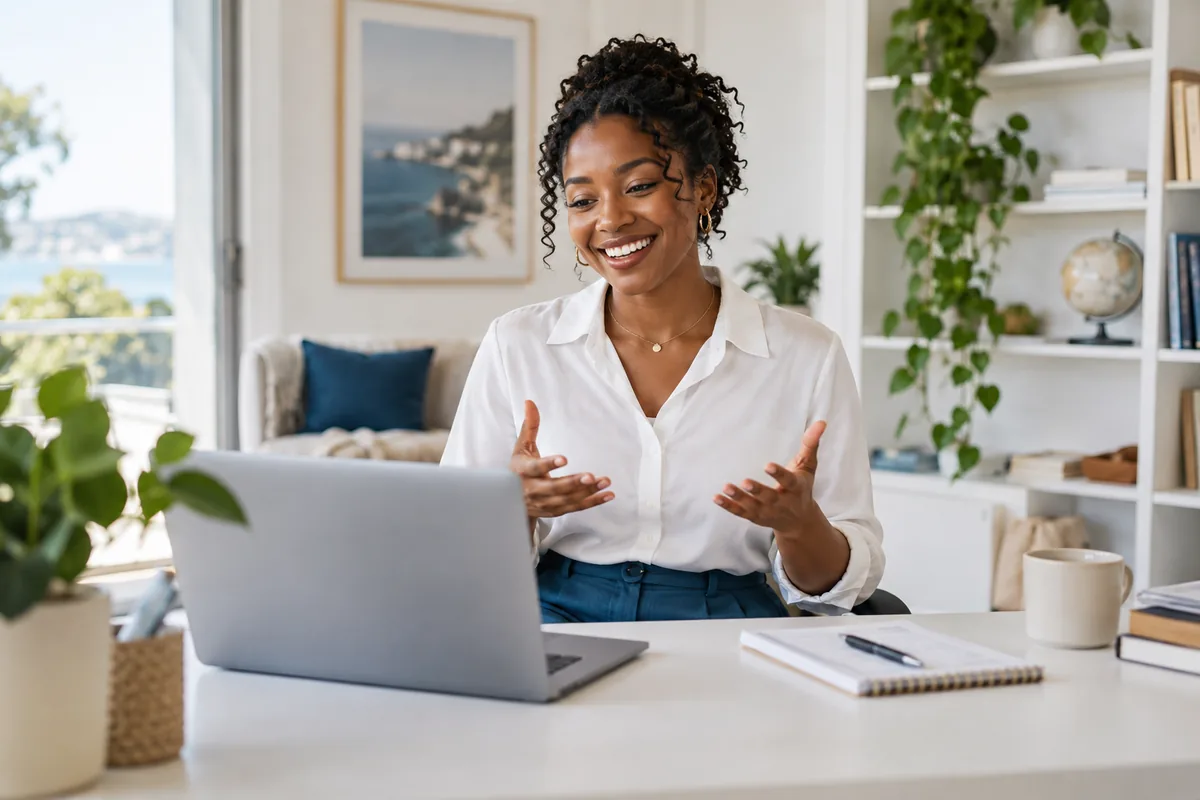 A woman smiles during a video conference on her laptop, demonstrating how AI can help with career advancement.