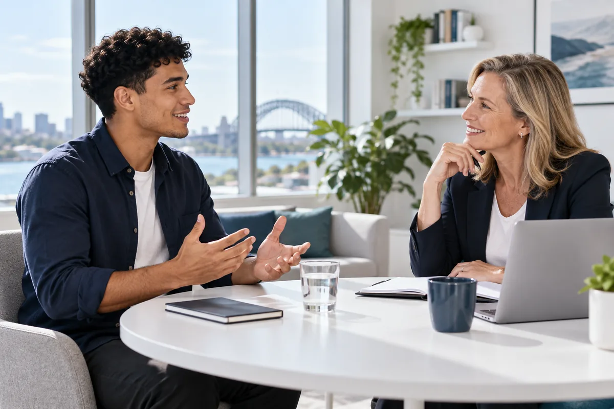Two professionals discuss business with Sydney Harbour in the background, showcasing CAQA Academy's focus on skill.