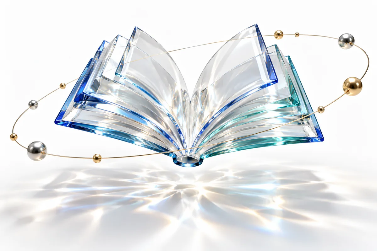 An open crystal book with a golden orbit represents academic integrity and knowledge.