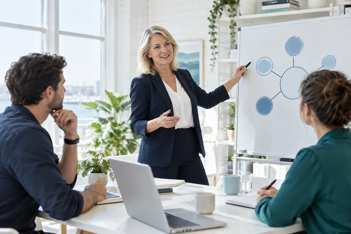 A businesswoman presents an AI diagram on a whiteboard to colleagues during an ai training workshop.