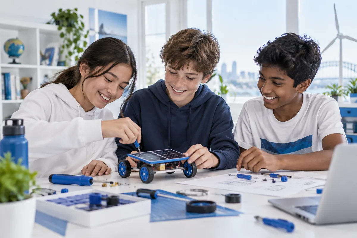Three students collaborate on a solar-powered car building project during a CAQA Academy holiday intensive.