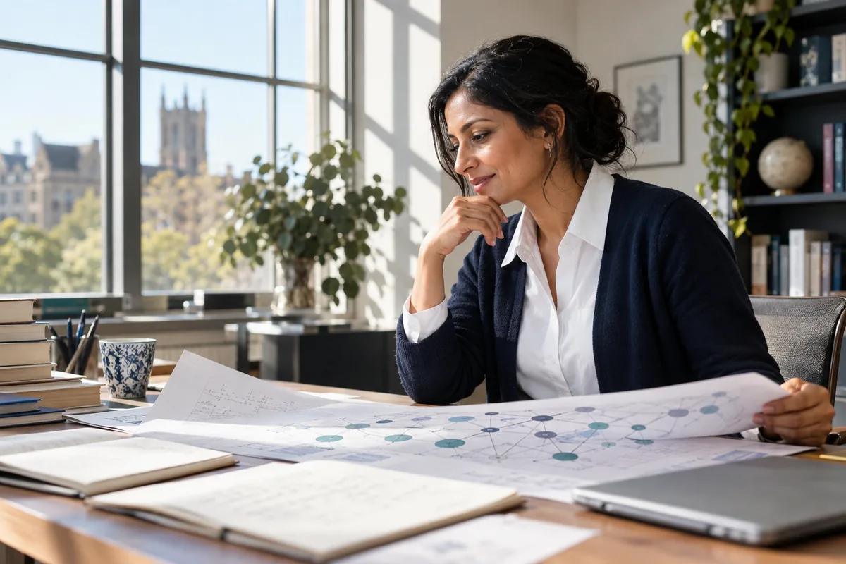 A businesswoman reviews architectural plans at her desk, demonstrating doctoral progress coaching and academic support.