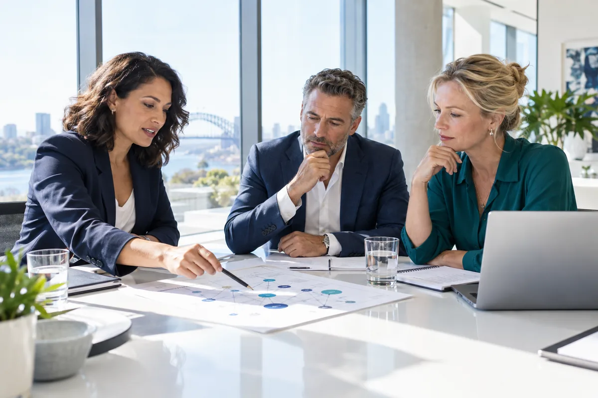 Business professionals collaborate on data analysis and AI governance during a team meeting.