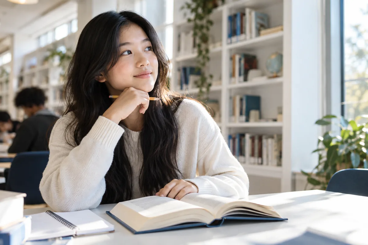 A student reads in a library, representing academic support and the importance of integrity.