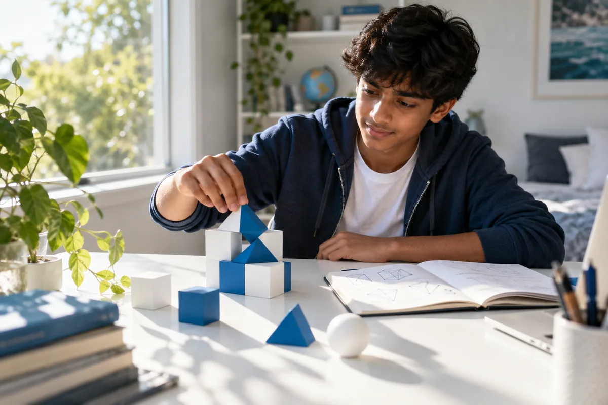 A young student focuses on solving a geometry problem using building blocks, demonstrating effective ai training.