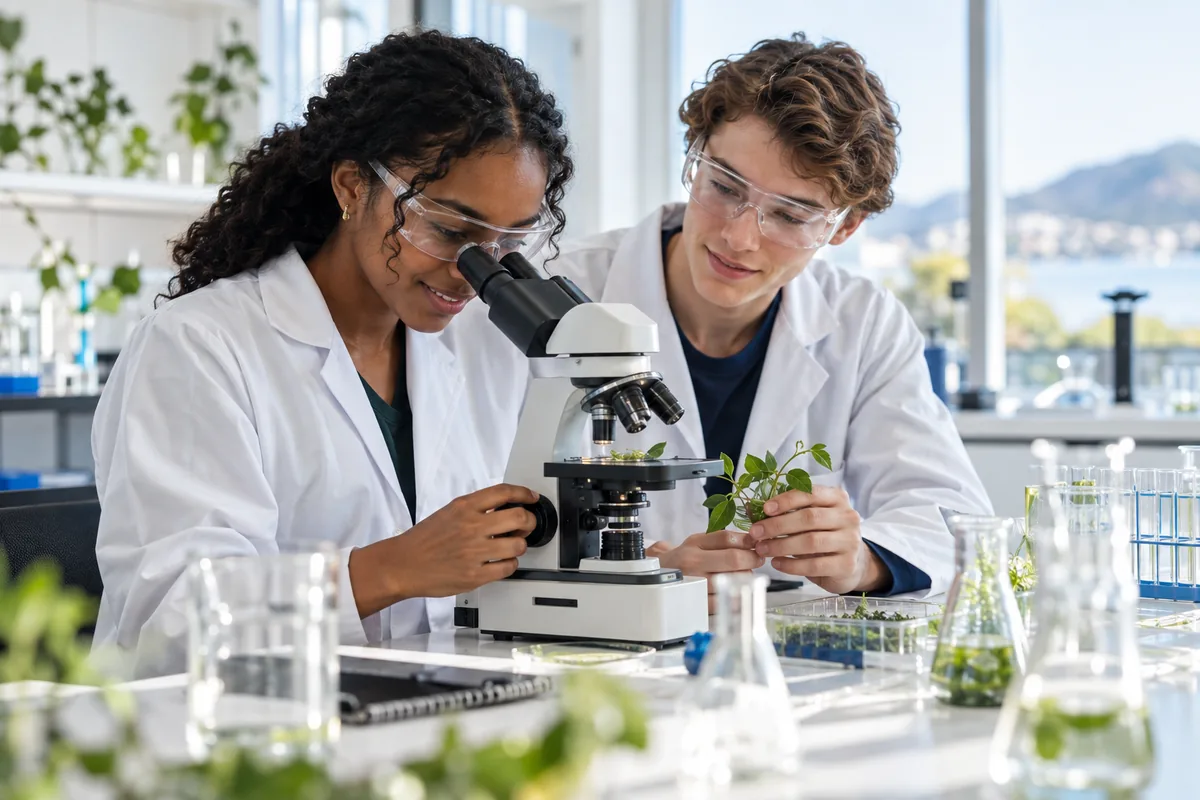 Two students in a science lab examine a plant sample under a microscope, reinforcing CAQA Academy's commitment to skill.