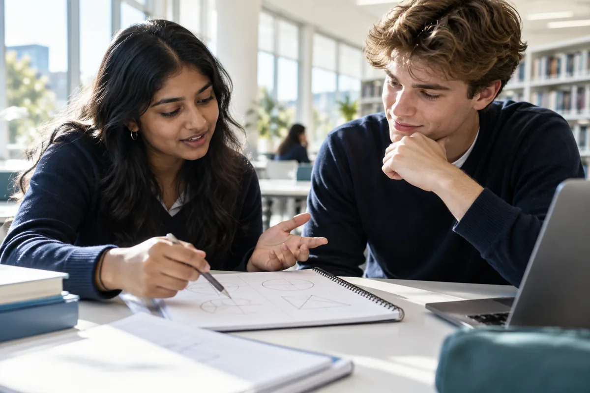 Two students collaborate on homework at a library table, demonstrating CAQA Academy's approach to academic support.