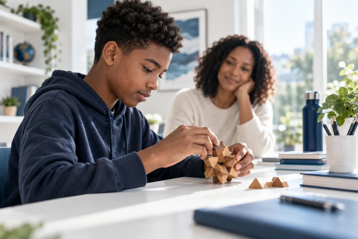 A teenager focuses on a wooden puzzle with his mother present, demonstrating focused learning.