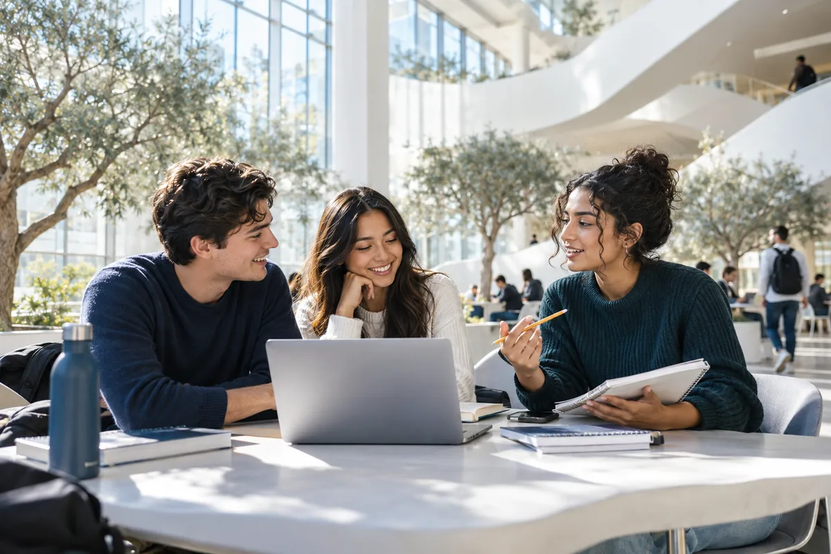 Three university students collaborate on a laptop, demonstrating academic integrity and group study.