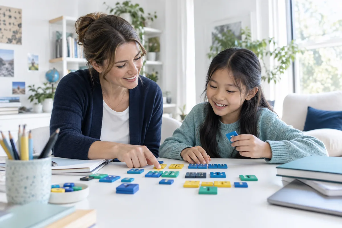 A woman and child work with colorful blocks, demonstrating engaging ai literacy through play.